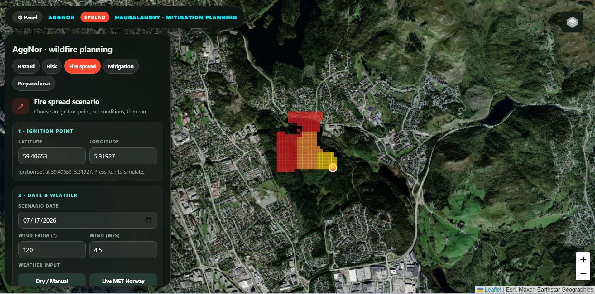 AggNor map demonstration showing a wildfire spread scenario near Haugalandet